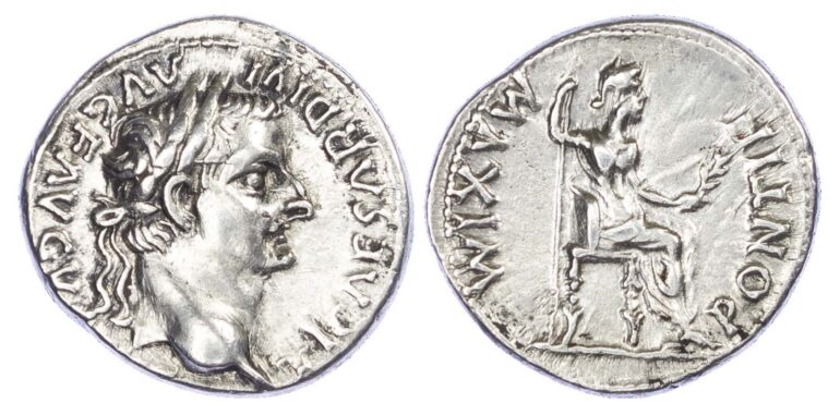 Skattens mynt, romersk denarius fra det første århundre.