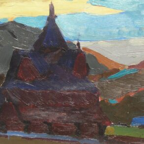 Fjell-landskap med kirke (ikke datert).