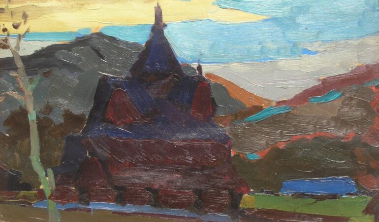 Fjell-landskap med kirke (ikke datert).
