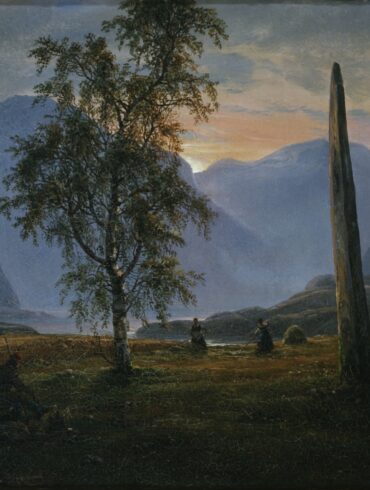 Høyonn mellom bautasteiner på Nornes (1839).