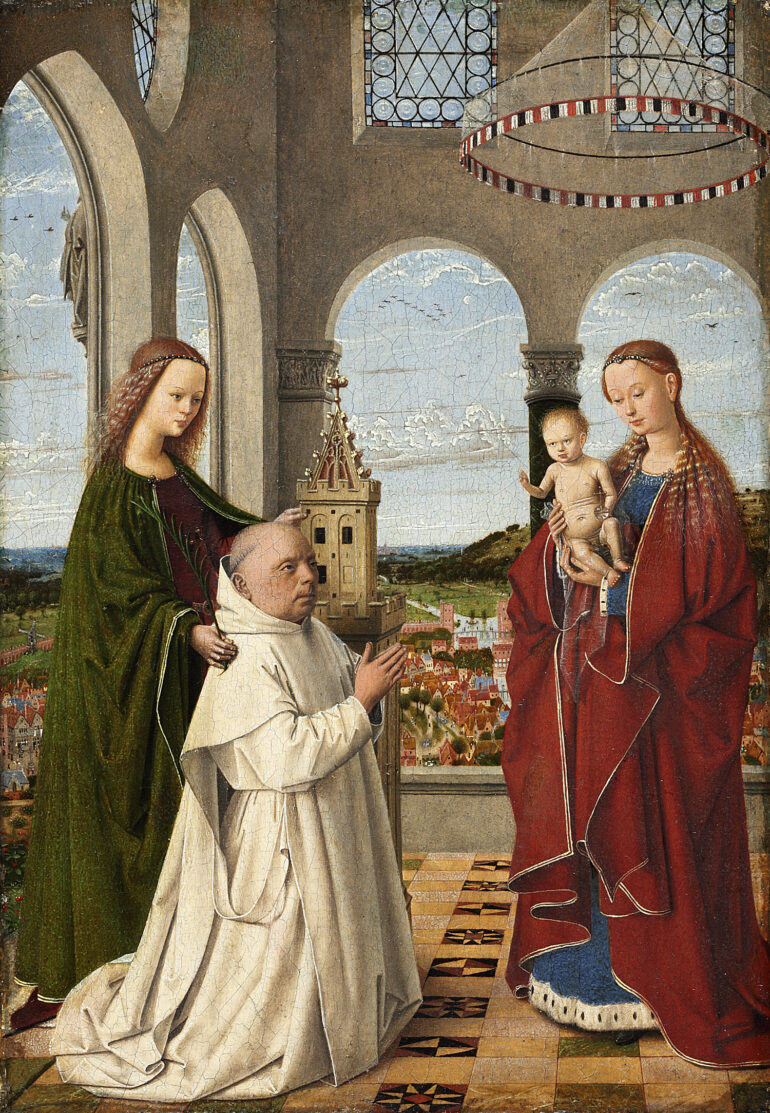 Madonna med barnet, Santa Barbara og kartusianermunken Jan Vos (c.1450).