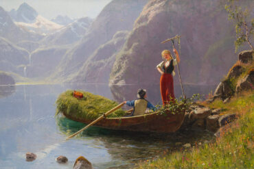 Fjordlandskap med folkeliv, innhøsting (ikke datert).