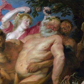 En beruset Silenos støttes av satyrer m.fl (c.1620).