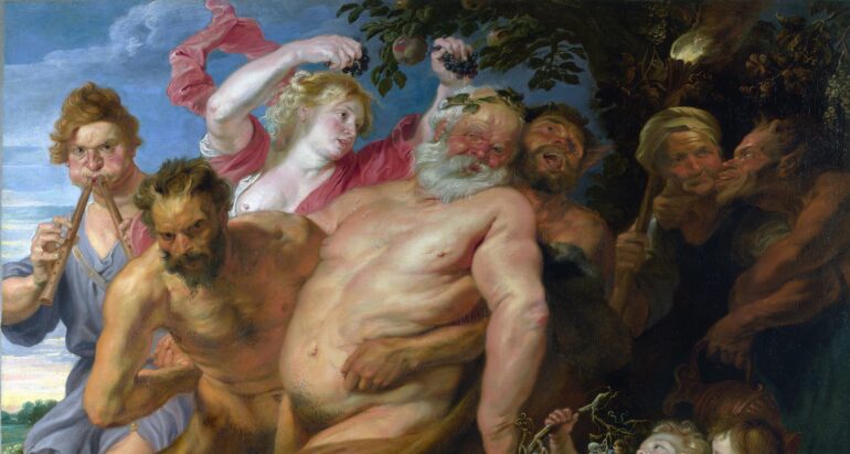 En beruset Silenos støttes av satyrer m.fl (c.1620).