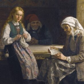 Hardanger-interiør, ung pike som strikker (1874).