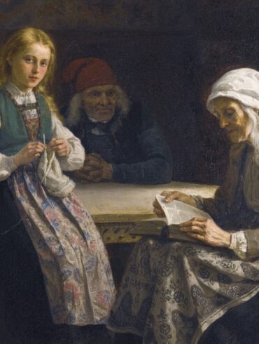 Hardanger-interiør, ung pike som strikker (1874).