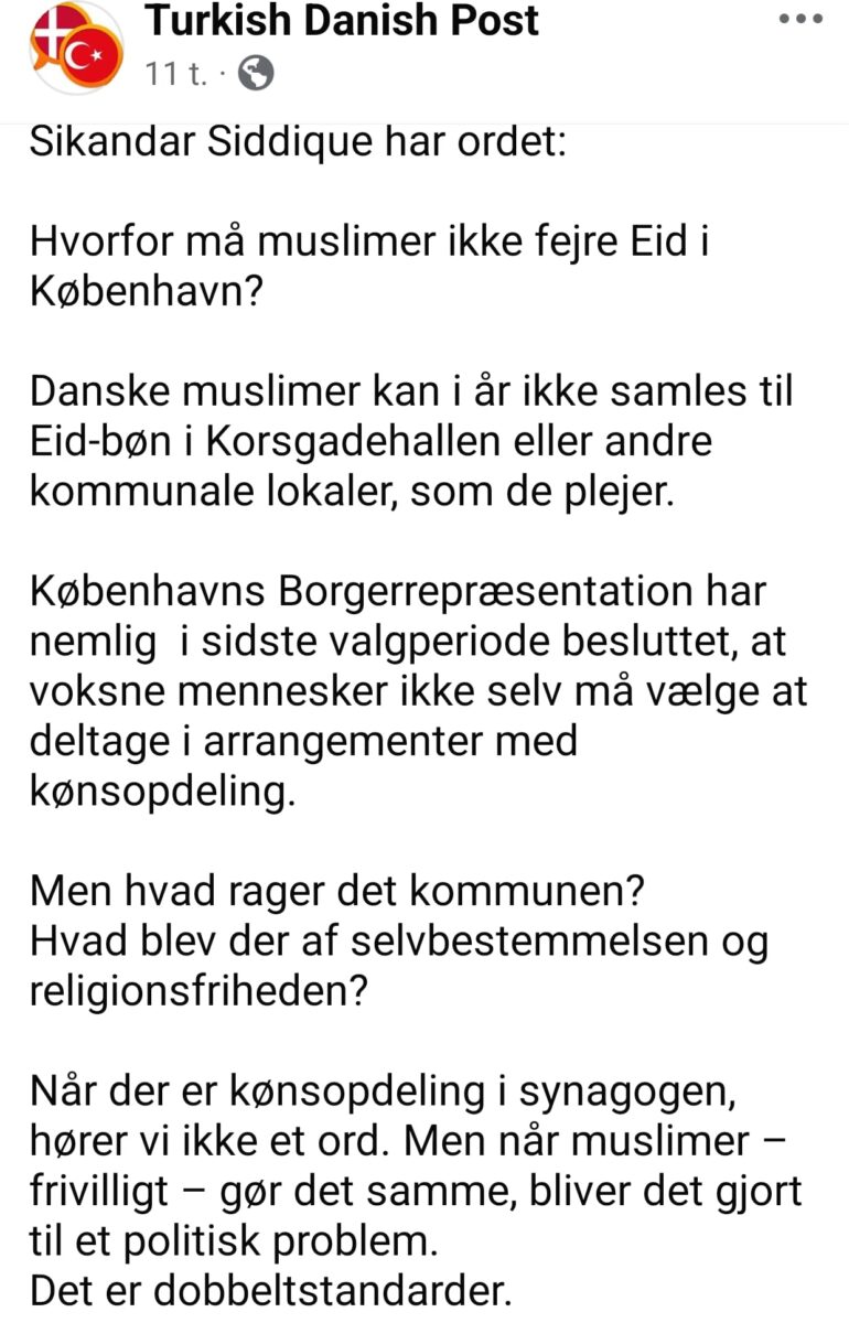 Den Korte Avis | Muslimen Sikandar Siddique raser over, at man ikke længere får lov at holde muslimsk Eid med kønsopdelte møder i København Kommunes lokaler